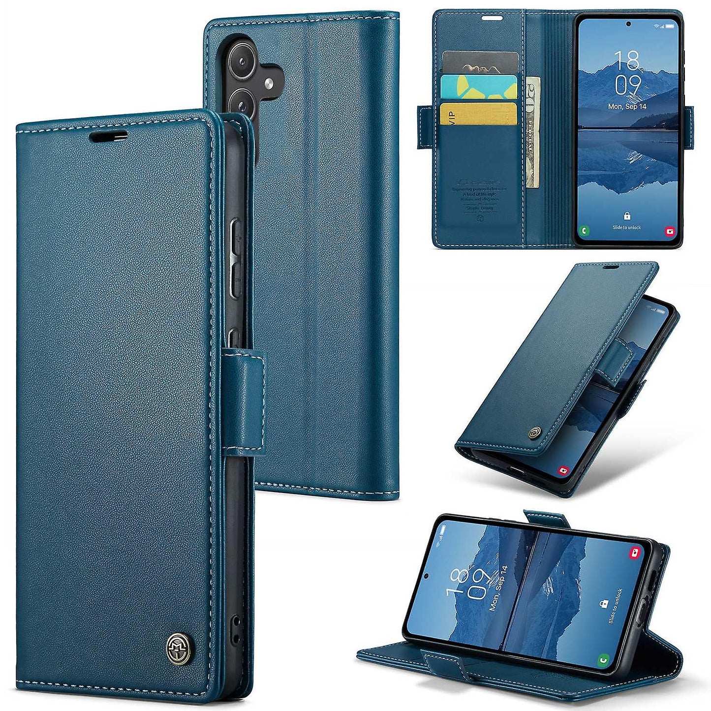 Lommebok-deksel Caseme 013 for Samsung Galaxy A15 med magnetisk lukking og kortholdere.