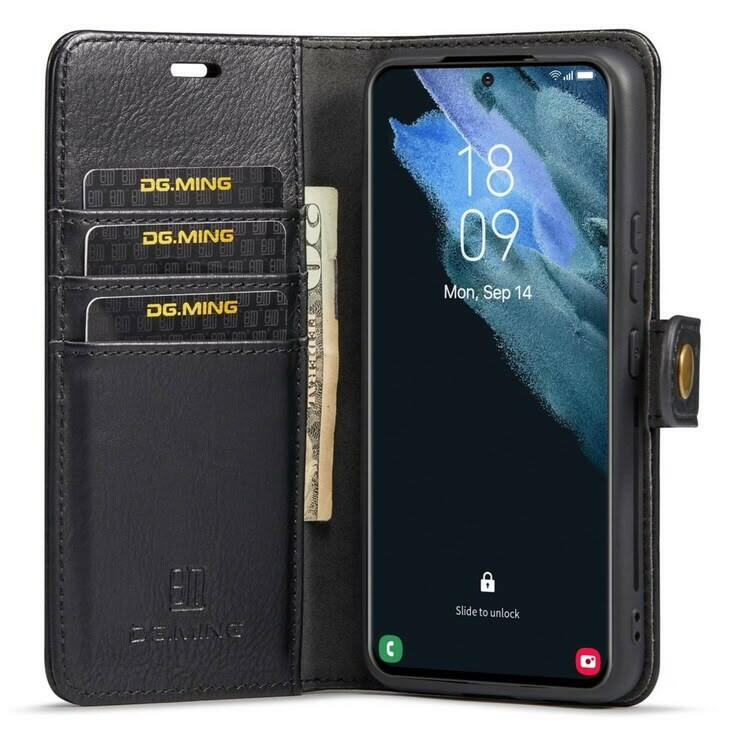 DG.MING Magnet Wallet for Samsung Galaxy S23 i svart lær med avtagbart deksel og kortlommer.