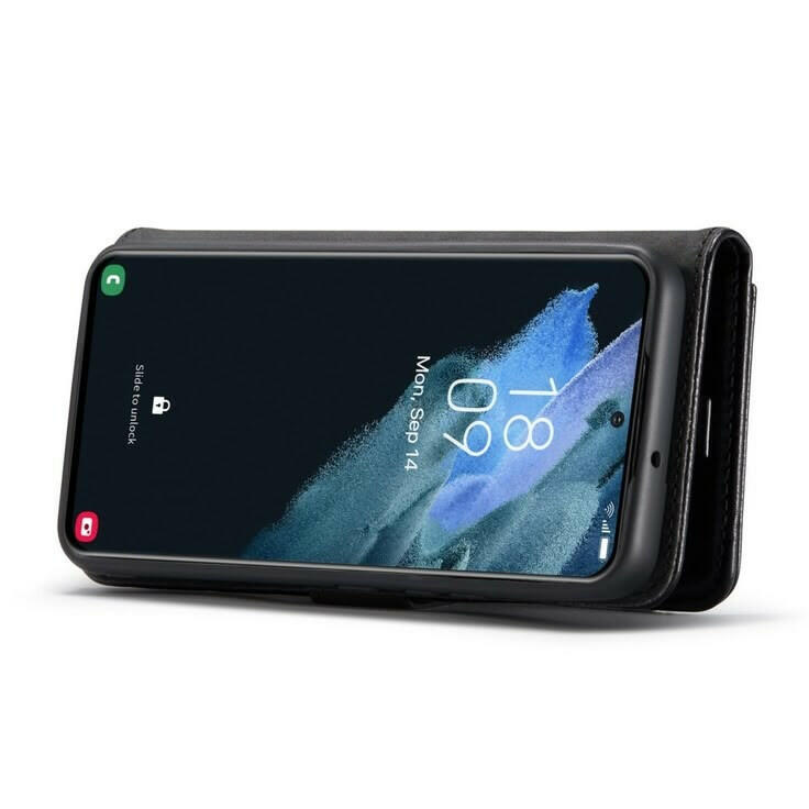 DG.MING Magnet Wallet Samsung Galaxy S23 i sort lær, med avtagbart magnetisk deksel og romslige kortlommer.