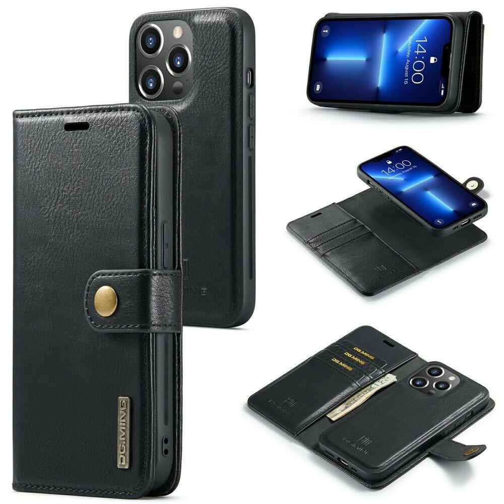 DG.MING iPhone 14 Pro Max etui med avtagbart magnetisk deksel i slitesterkt lær, med kortlommer og plass til kvitteringer.