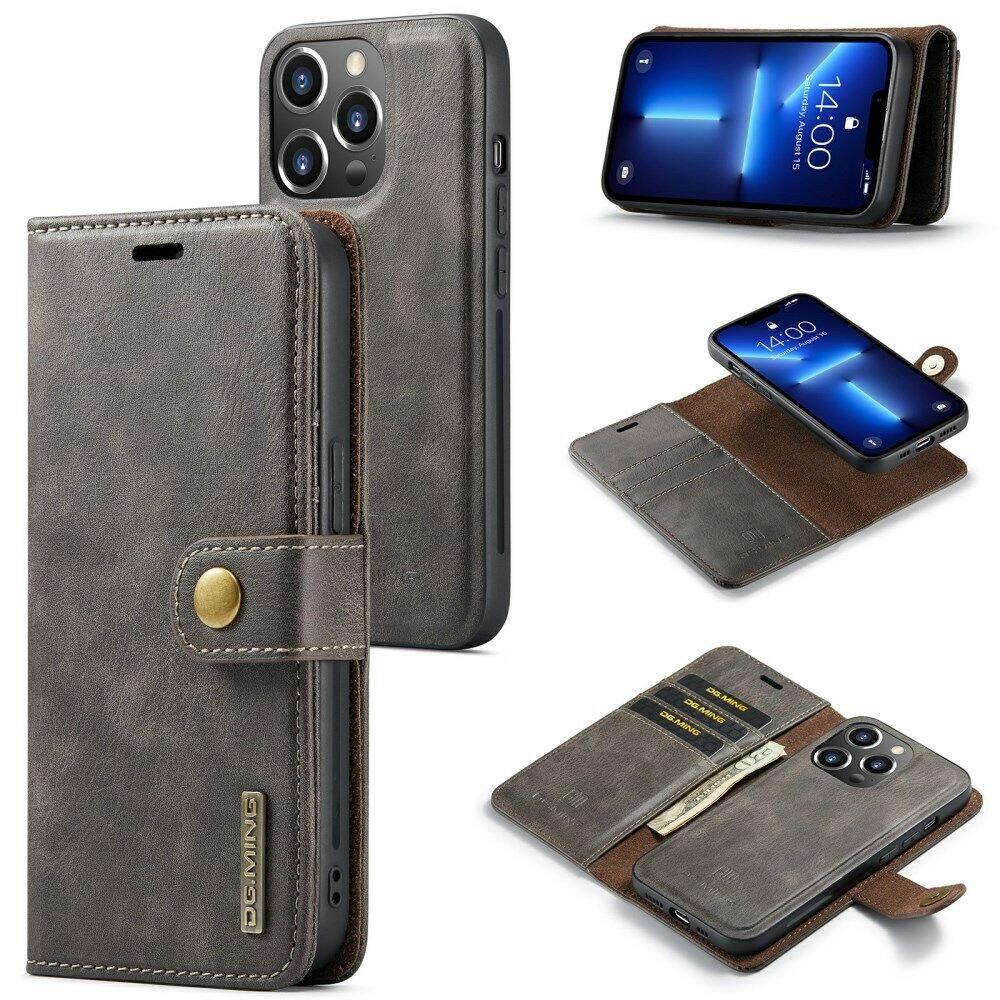 DG.MING iPhone 15 Pro Max etui med avtagbart magnetisk deksel i klassisk design og flere kortlommer, laget av splittlær.