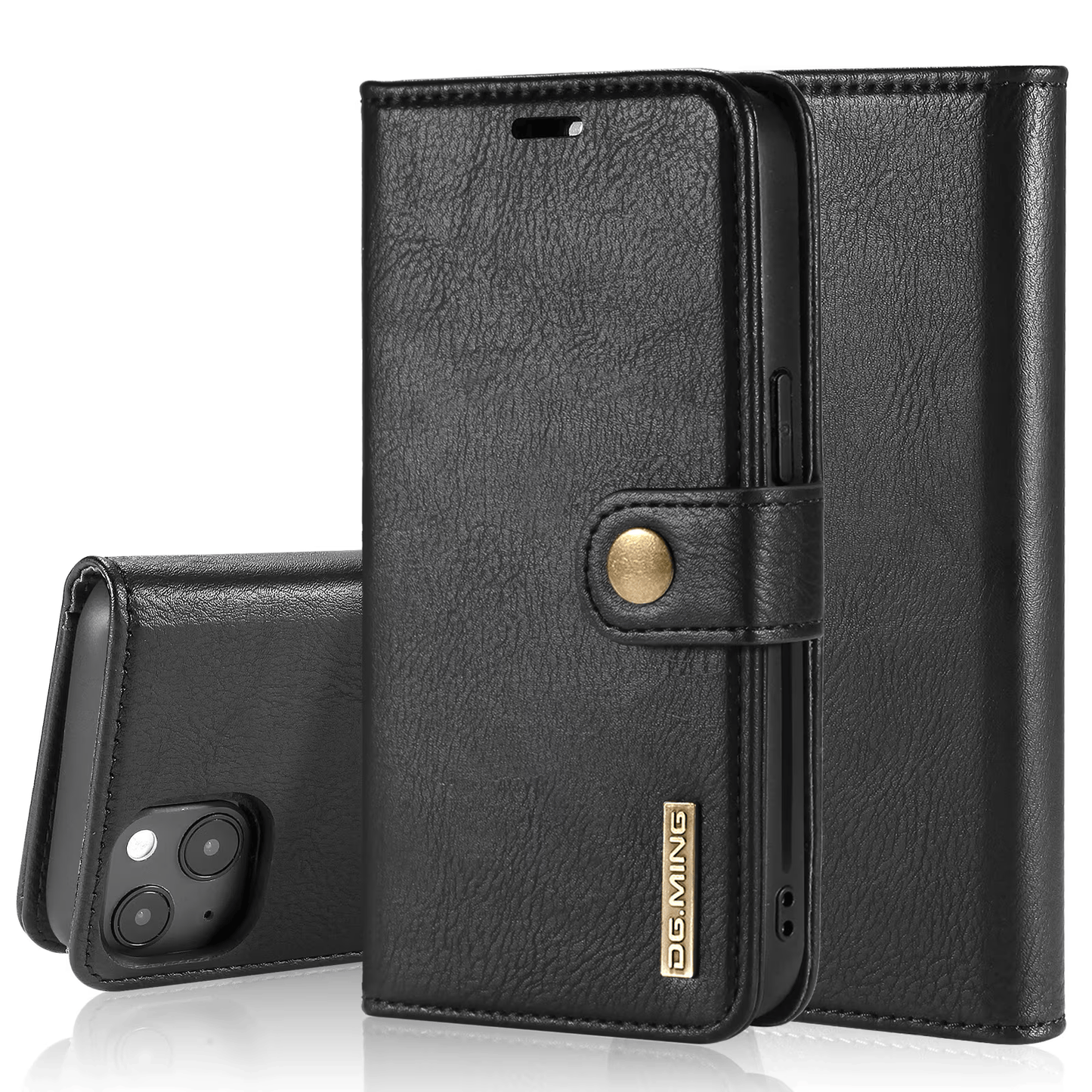 DG.MING magnetisk lommebok-etui for iPhone 13 Mini i svart skinn med avtagbart deksel.