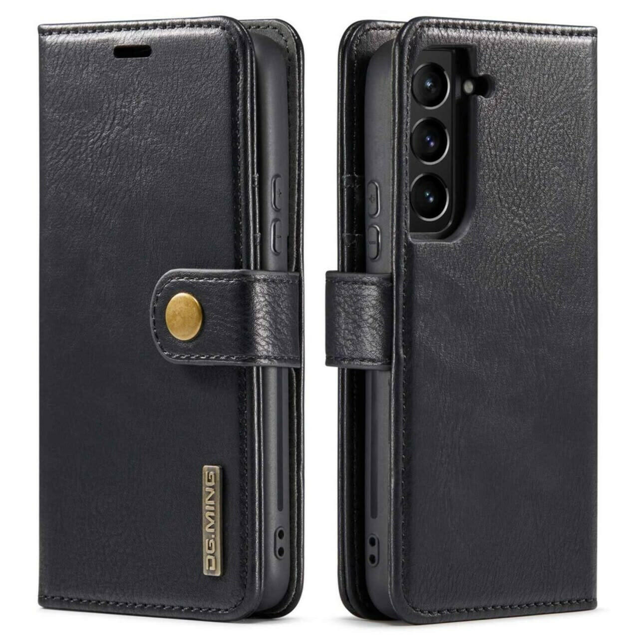 DG.MING lommeboketui i svart lær for Samsung Galaxy S23, med avtagbart magnetisk deksel og flere kortlommer.