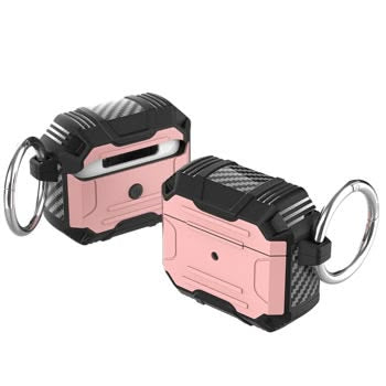 Robust heldekkende deksel med nøkkelring for AirPods Pro 2, rosa og svart design.