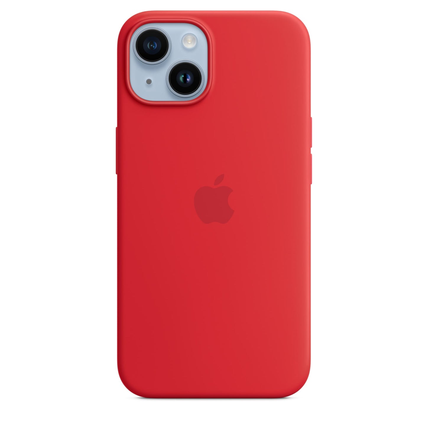 Rødt silikondeksel med MagSafe til iPhone 14 fra Apple, gir beskyttelse og stilren design.