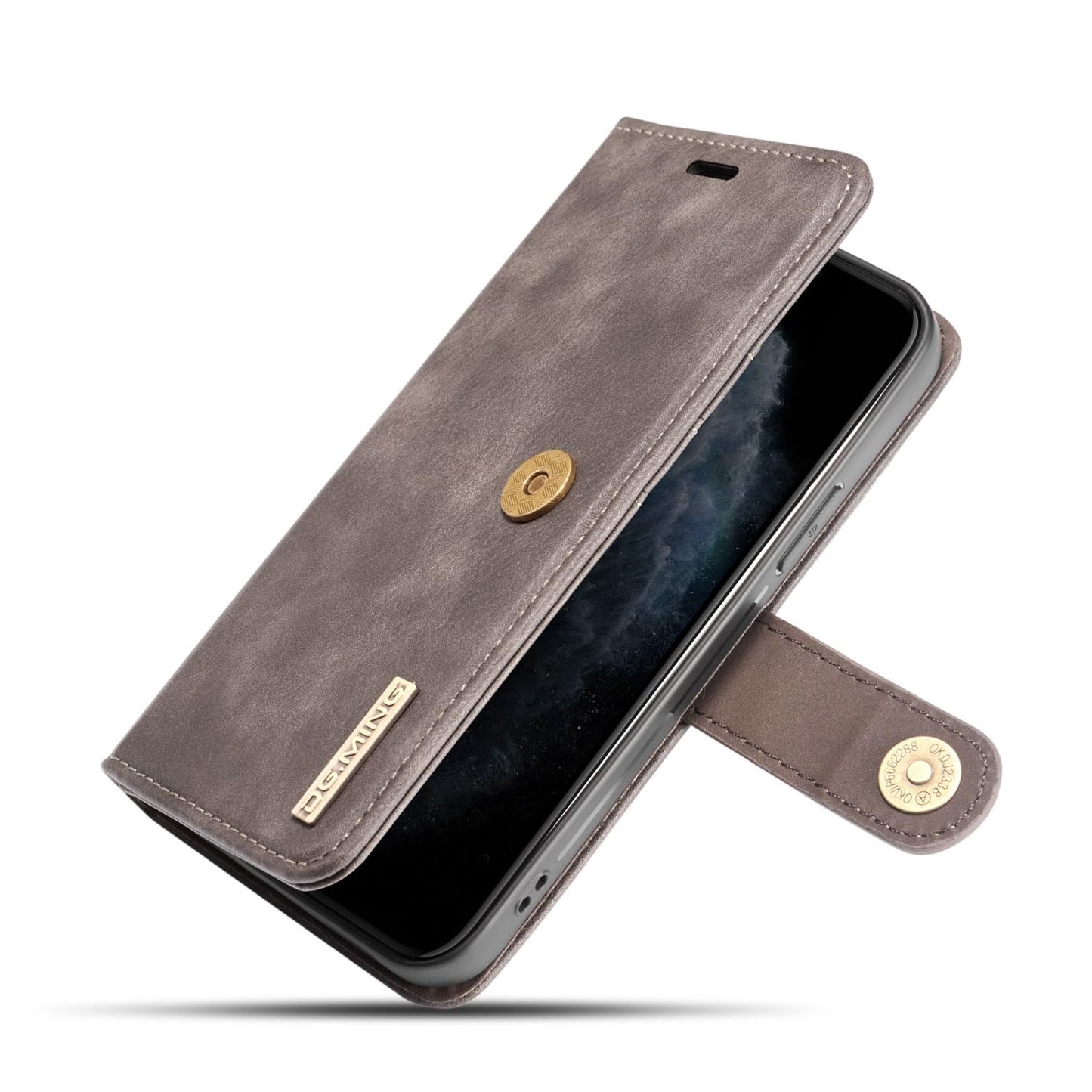 Magnetisk iPhone 12 Mini lommeboketui i slitesterkt lær med avtagbart deksel.