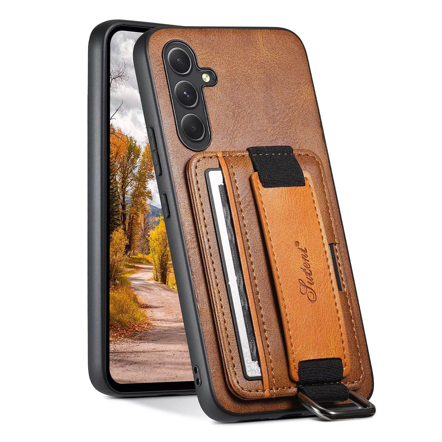 SUTENI Samsung Galaxy S24 Plus deksel med kortholder, håndstropp og kickstand i lær, beskyttelse mot riper og daglig slitasje.