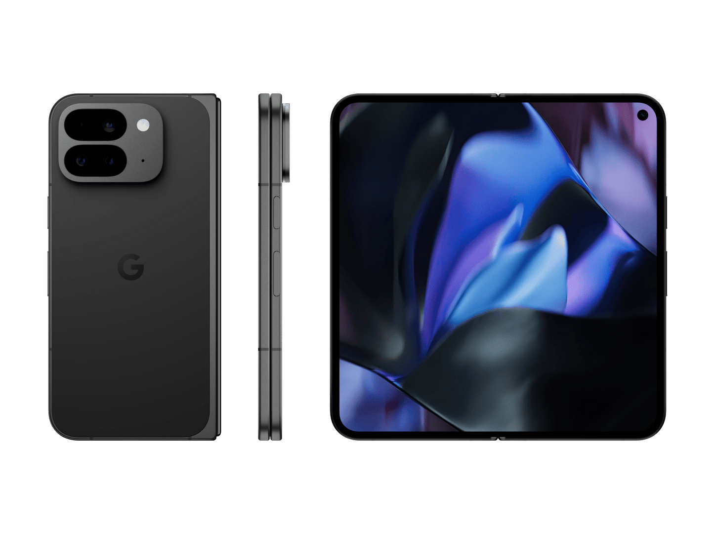 Google Pixel 9 Pro Fold 256GB svart med utfoldet skjerm og baksidevisning. Nær ny tilstand.