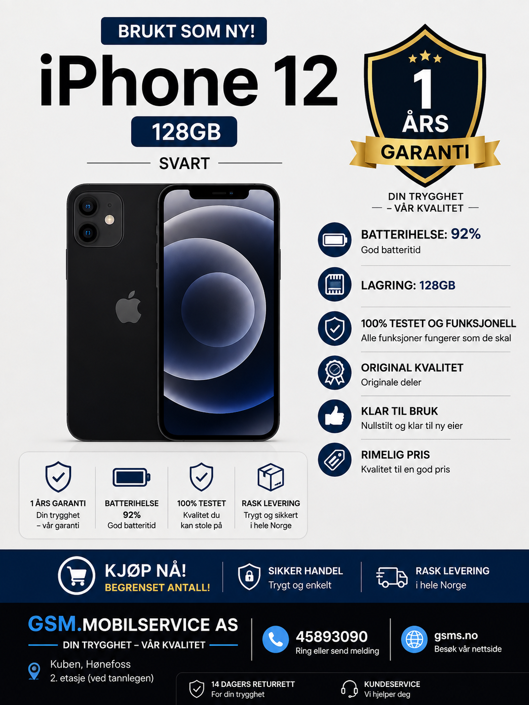 Brukt iPhone 12 ,128GB – batteri 92%  – A-grad