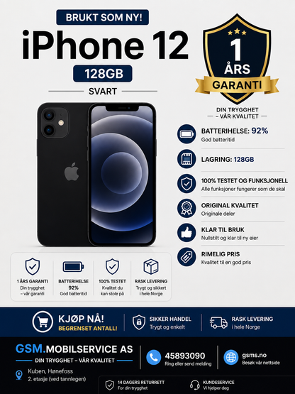 Brukt iPhone 12 ,128GB – batteri 92%  – A-grad