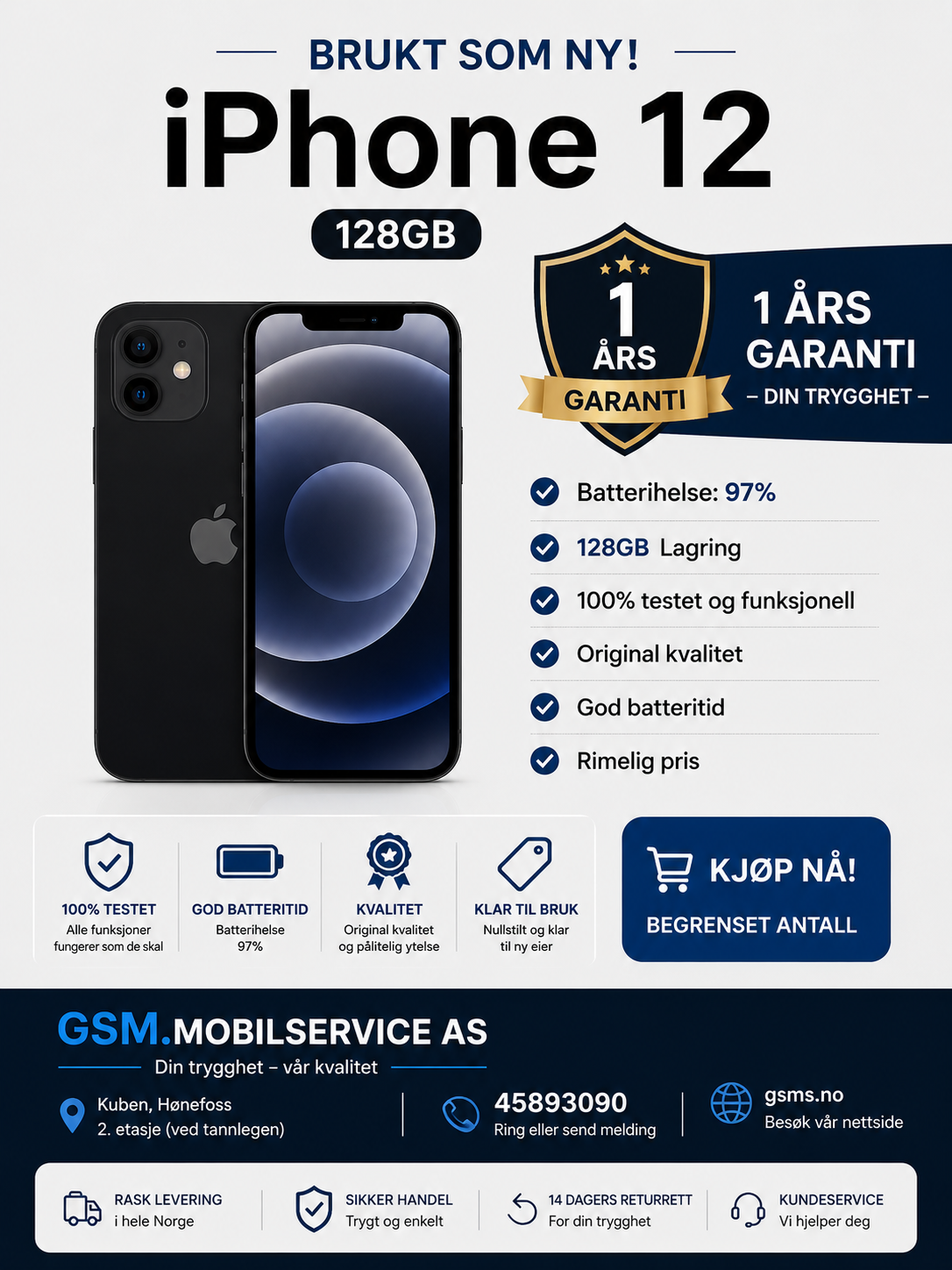 Brukt iPhone 12 svart 128 GB – batteri 97%