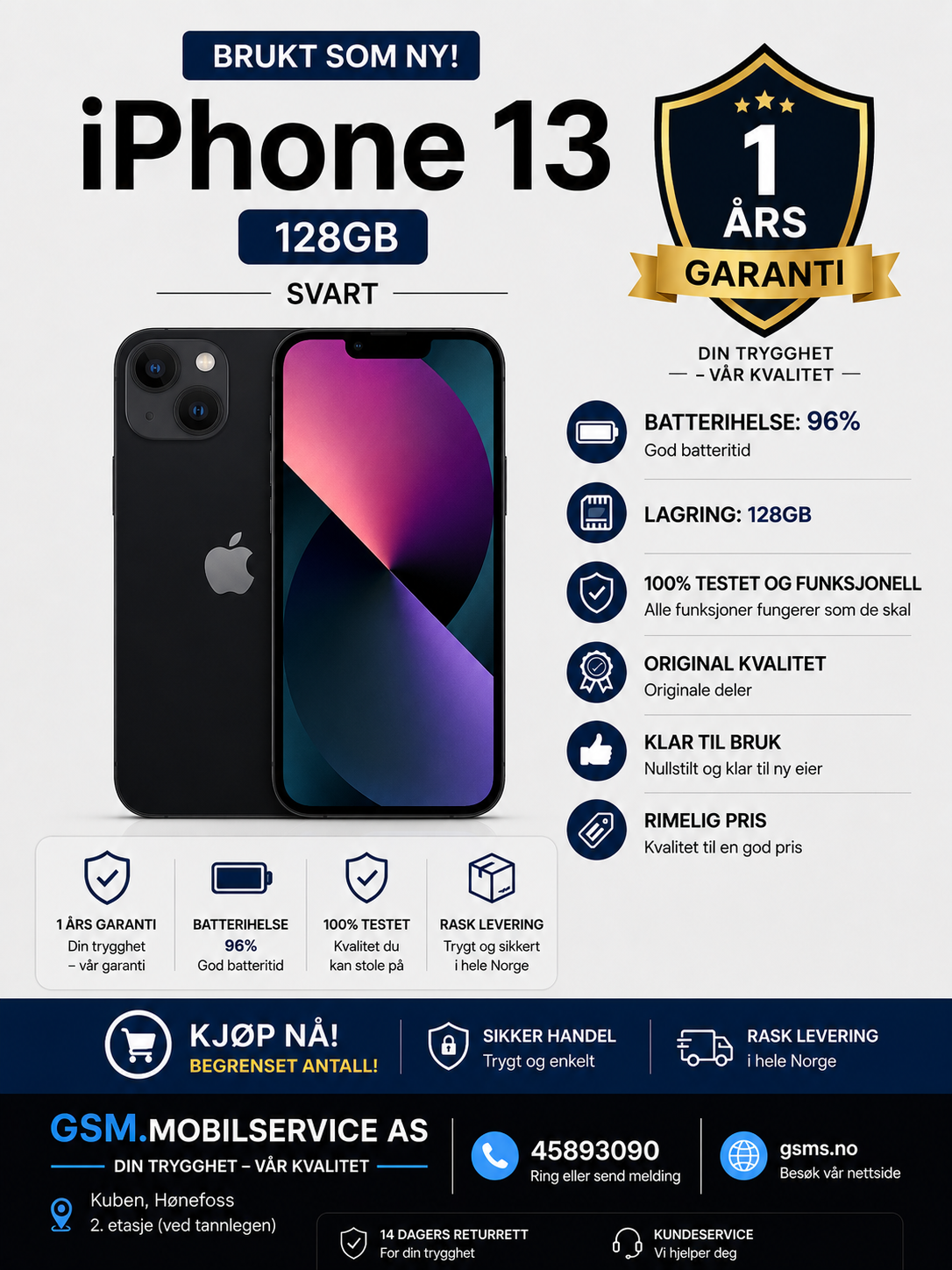 Brukt iPhone 13, 128GB batteri 96%