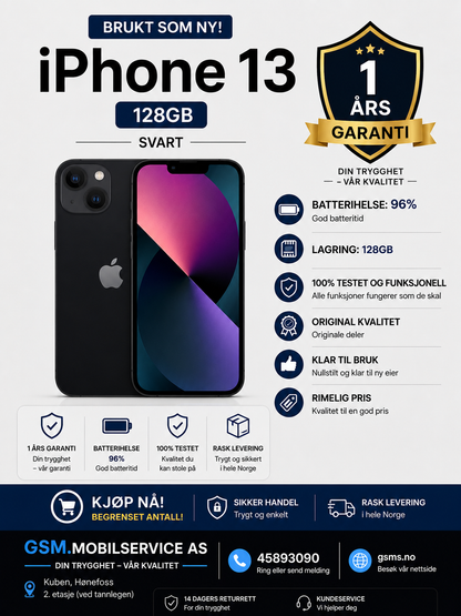 Brukt iPhone 13, 128GB batteri 96%