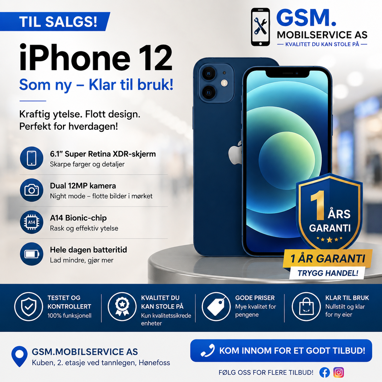 Brukt iPhone 12 ,128GB blue – God stand (100% batteri)