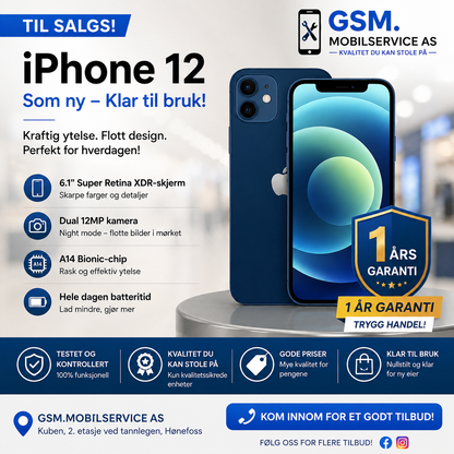 Brukt iPhone 12 ,128GB blue – God stand (100% batteri)