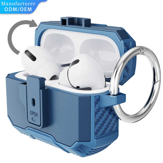 Robust heldekkende deksel med nøkkelring for AirPods Pro 2 i blått TPU- og PC-materiale.