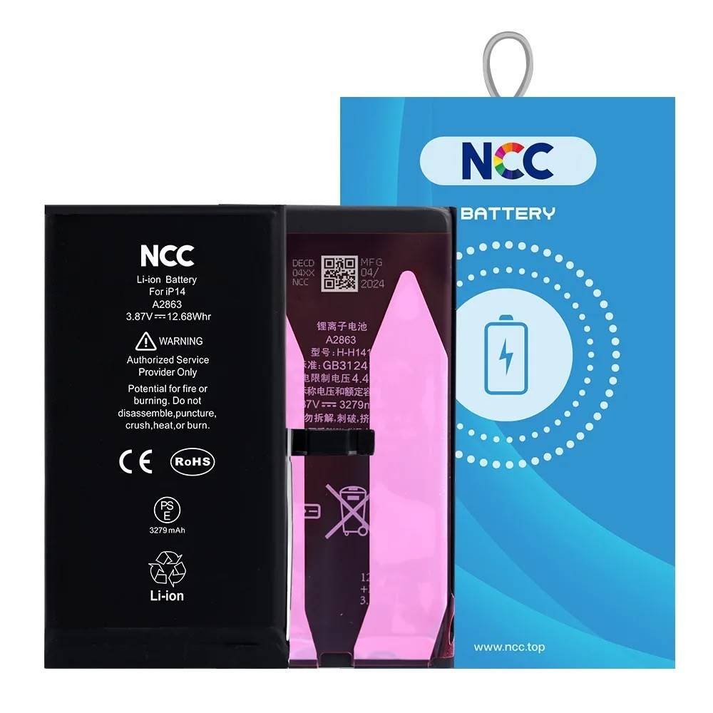 NCC-batteri for iPhone 14 i emballasje, langvarig ytelse, sikker lading, kompatibel med flere enheter.