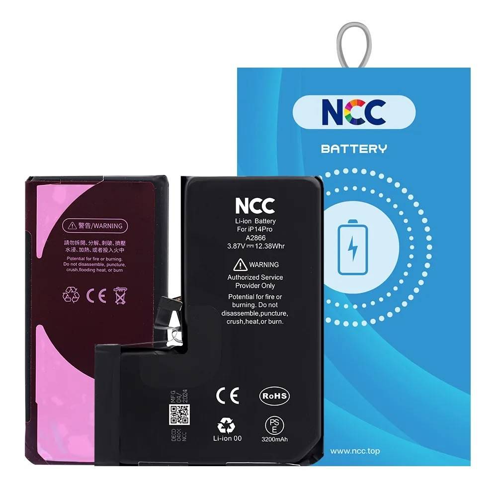 NCC-batteri for iPhone 14 Pro med eske, tilbyr langvarig og sikker ytelse.